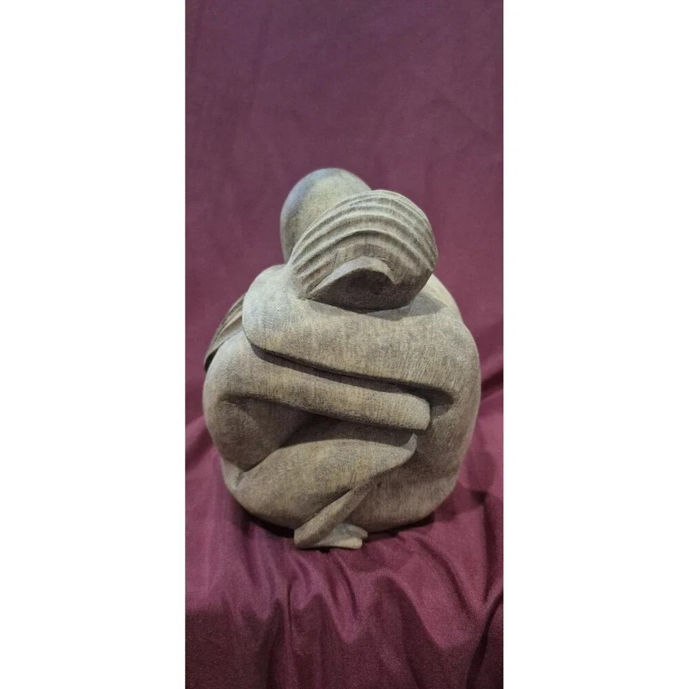 Hand Carved Wood Sculpture People Hugging Embracing THE HUG Heavy Love Vintage